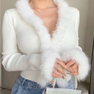 NEW White V Neck Cardigan with Fringe Patchwork